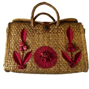 Vintage 60s Mexico Straw Woven Large Shopper Tote Beach Bag Purse‎ 3D Flowers